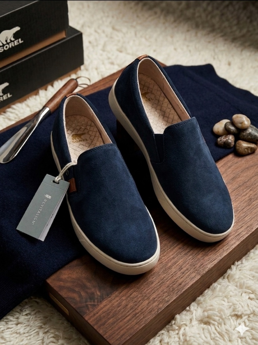 REVITALIGN Women’s Navy Suede Slip-On Loafers with Tan Accents